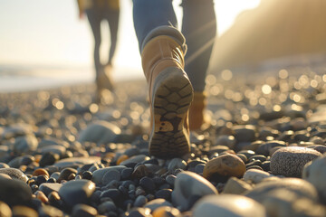 Close up of two people walking on a pebble beach, a woman in jeans and hiking boots with a man behind her - Powered by Adobe