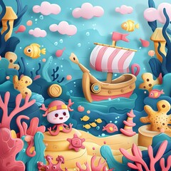 Obraz premium Vibrant underwater birthday card mockup, Vibrant and whimsical underwater scene with playful creatures and a cartoon ship, perfect for children's book illustrations.