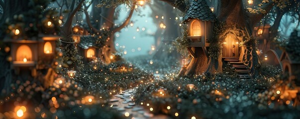 Whimsical fairy and elves birthday card mockup, Mystical nighttime forest scene featuring magical tree houses illuminated by lanterns and floating lights, perfect for fantasy settings.