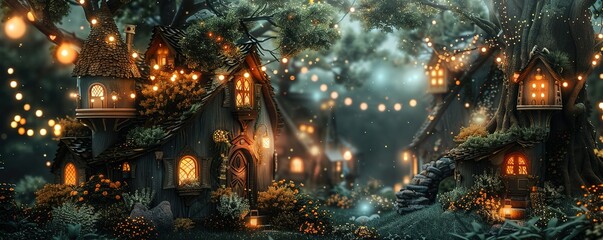 Step into a realm of fantasy with birthday card mockup featuring whimsical fairies and elves, where a mystical nighttime forest scene showcases tree houses aglow with lanterns and floating lights.