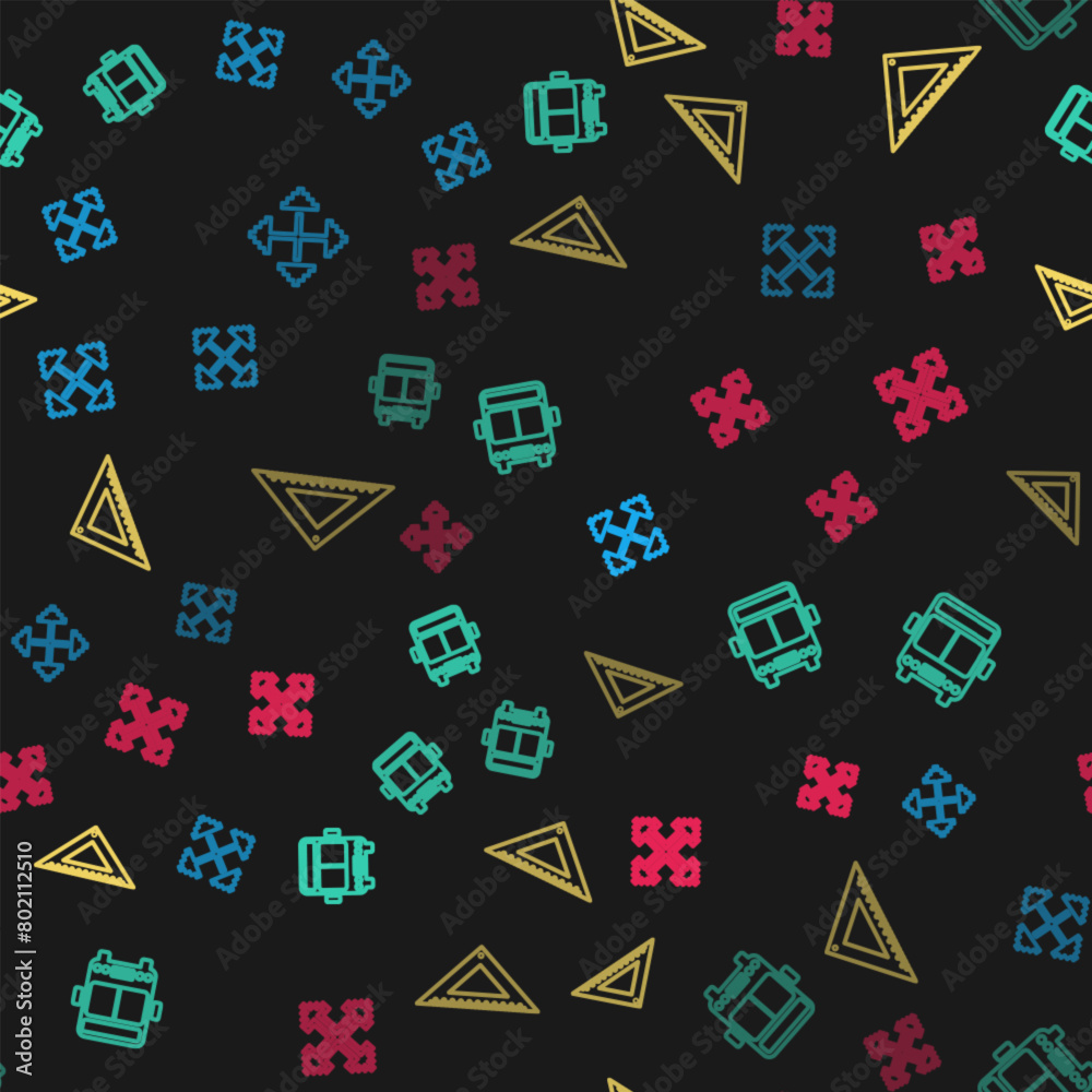 Poster set line pixel arrows in four directions, bus, triangular ruler and on seamless pattern. vector