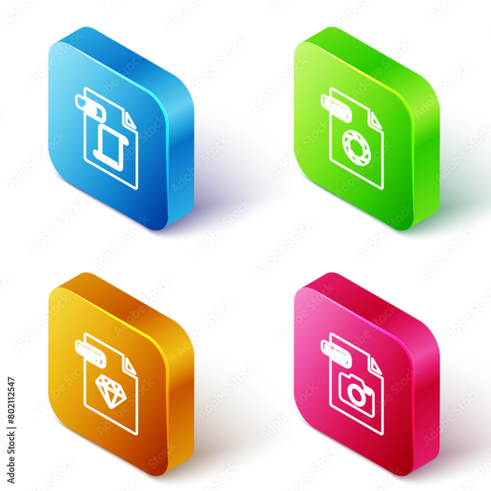 Poster set isometric line js file document, raw, ruby and icon. vector