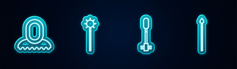 Set line Medieval hood, chained mace ball, Torch flame and spear. Glowing neon icon. Vector