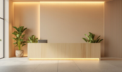 A front desk in the waiting room of an office building made from light wood with light colored walls and LED lighting on top, with a simple modern design and minimalist aesthetic