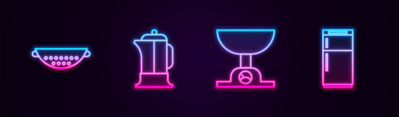 Set line Kitchen colander, French press, Electronic scales and Refrigerator. Glowing neon icon. Vector
