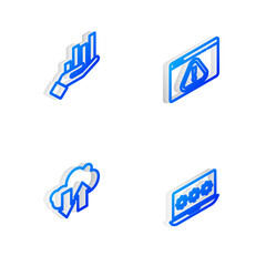 Set Isometric line Browser with exclamation mark, Pie chart infographic, Cloud download and upload and Laptop password icon. Vector