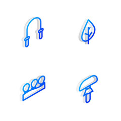 Set Isometric line Leaf, Jump rope, Vacuum cans and Mushroom icon. Vector
