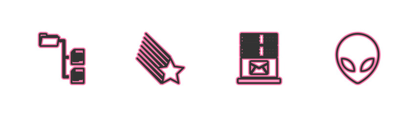 Set line Folder tree, Mail server, Falling star and Alien icon. Vector