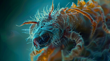 A vivid color image captured through the lens of a powerful microscope, revealing the intricate details of a Demodex blepharitis mite. The mite's anatomy is prominently displayed