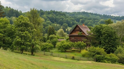 Obraz premium Rustic wooden house nestled in a countryside landscape, surrounded by lush greenery and rolling hills.