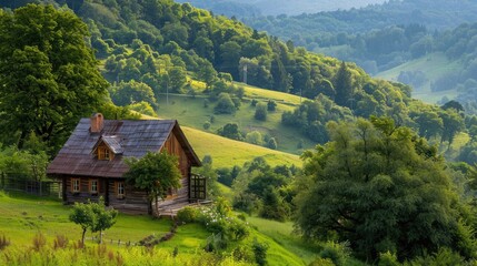 Obraz premium Rustic wooden house nestled in a countryside landscape, surrounded by lush greenery and rolling hills.