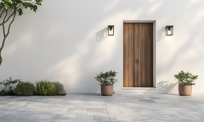 Fototapeta premium A modern front door with wall sconces and potted plants on the side, set against a white background. The entrance is framed by two square planters that add to its minimalist design