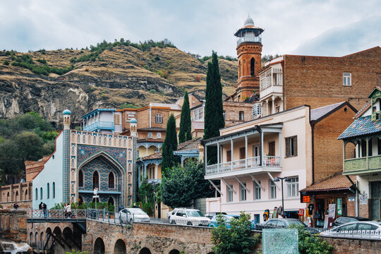 View of the Abanotubani district with the mosque-like facade of Chreli Abano sulfur baths, the Juma Mosque in Tbilisi Old Town, Kala, Georgia