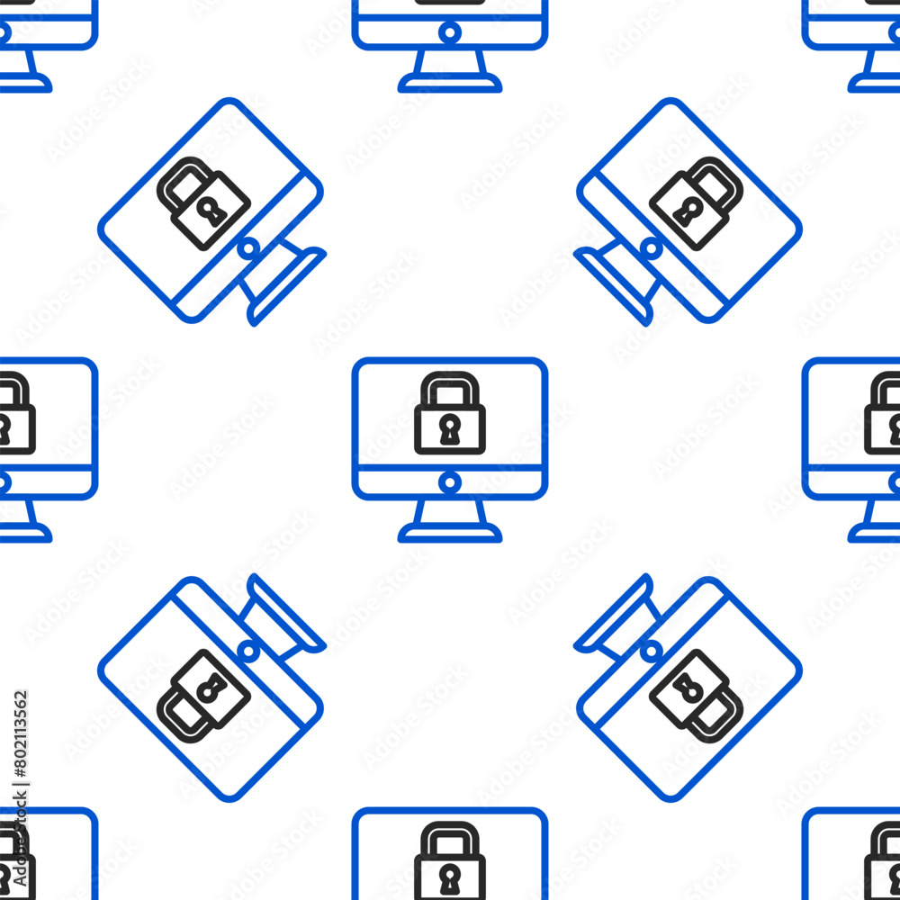 Poster line lock on computer monitor screen icon isolated seamless pattern on white background. security, s