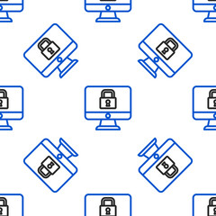 Line Lock on computer monitor screen icon isolated seamless pattern on white background. Security, safety, protection concept. Safe internetwork. Colorful outline concept. Vector