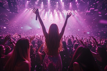 Electric Nightlife: Women Radiating Joy on the Dancefloor amidst Purple Stagelights and Confetti