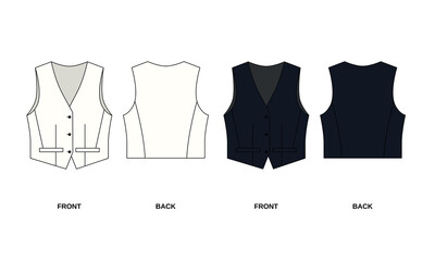 Vector technical drawing of suit vest with pockets, white and black color . Fashion vest template for women, front and back view. Outline pattern of short vest with buttons.