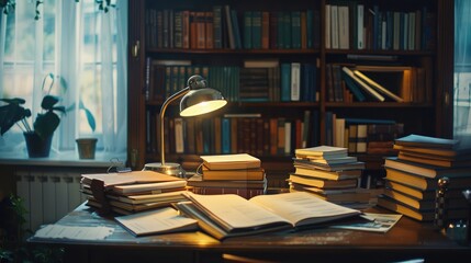 Student desk with textbooks, notebooks, and a study lamp, facilitating concentration and learning in a home or school environment.