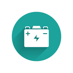 White Car battery icon isolated with long shadow background. Accumulator battery energy power and electricity accumulator battery. Green circle button. Vector