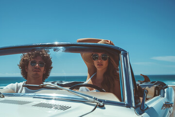 Naklejka premium A young couple sat in the back of an open white convertible Mustang during their summer vacation, with a blue sky and sea behind them