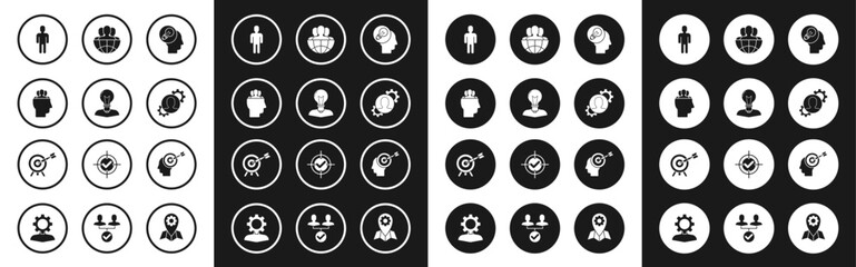 Set Human head with lamp bulb, Project team base, User of in business suit, gear inside, Globe and people, Head hunting concept and Target arrow icon. Vector