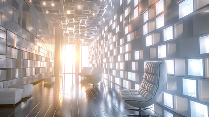 Futuristic office building interior with modern technology and digital design elements - Powered by Adobe