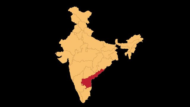 Andhra Pradesh map animated video. Andhra Pradesh location in India highlighted colour with transparent background in video format. Map animation video.