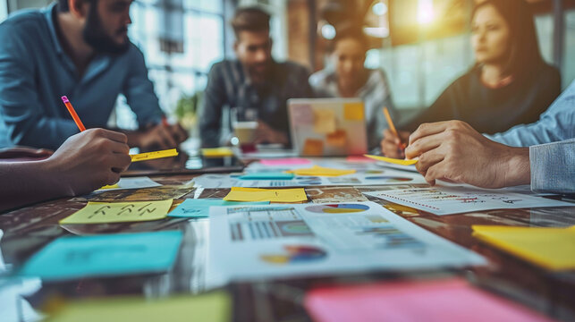 Strategic Planning with Post-it Notes and Charts at a Bustling Office Meeting.Focused team members use colorful post-its and data charts for collaborative planning.