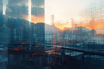 A double exposure of a construction site and a futuristic skyline merging seamlessly