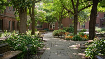 University campus courtyard with shaded walkways and benches surrounded by mature trees and flowering plants.