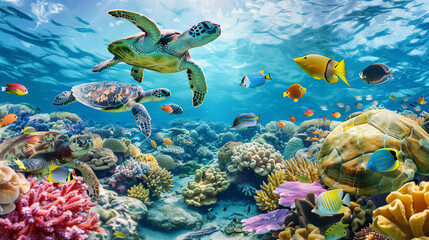 Fototapeta premium Underwater Tapestry: Celebrating the Diversity of Marine Life in Pristine Waters