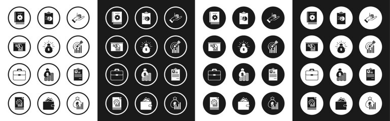 Set Money on hand, bag, Board with graph chart, User manual, Target, Clipboard, resume and Briefcase icon. Vector
