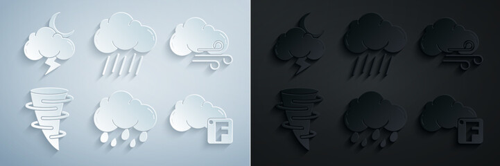 Set Cloud with rain, Windy weather, Tornado, Fahrenheit and cloud, and Storm icon. Vector