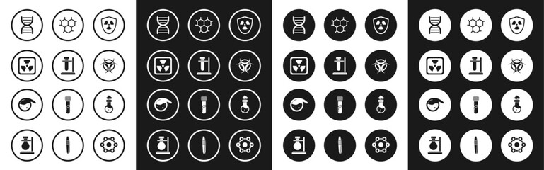 Set Radioactive in shield, Test tube flask on stand, DNA symbol, Biohazard, Chemical formula, chemical and icon. Vector