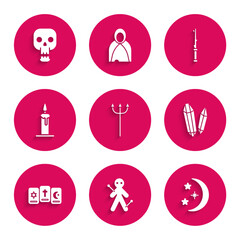 Set Neptune Trident, Voodoo doll, Moon and stars, Magic stone, Three tarot cards, Burning candle in candlestick, wand and Skull icon. Vector