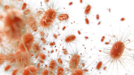 A close-up image of a single microbe isolated on a white background, with a shallow depth of field highlighting its intricate details. The blurred background enhances the focus on the microbe