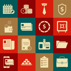Set Briefcase, Document folder, Safe, Tie, Credit card, Wallet with coins, Calendar and Coin money dollar symbol icon. Vector
