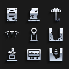 Set Location grave, Beat dead in monitor, Coffin, Cemetery digged hole, Grave with tombstone, Metallic nails, Umbrella and Death certificate icon. Vector