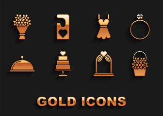 Set Wedding cake with heart, Diamond engagement ring, Flowers basket, arch, Covered tray of food, Woman dress, Bouquet flowers and Please do not disturb icon. Vector