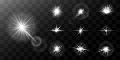Set of glares of light. Glowing light. Set of light effects of glow, lens flare, explosion, sparkle, glitter, line, solar flare, spark, star. Abstract image of flash lighting and white stars. Vector