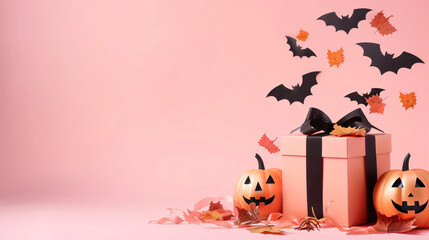 Composition with pumpkins gift box and paper bats