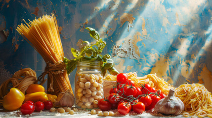 Composition with raw pasta on table 
