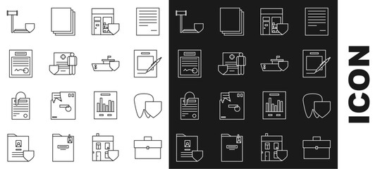 Set line Briefcase, Tooth with shield, Blank notebook and pen, Shopping building, Medical clipboard clinical record, Filled form, Judge gavel and Ship icon. Vector