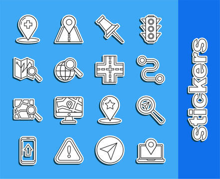 Set line Laptop with location marker, Search, Route, Push pin, Magnifying glass globe, Folded map, Medical pointer cross hospital and Road traffic sign icon. Vector