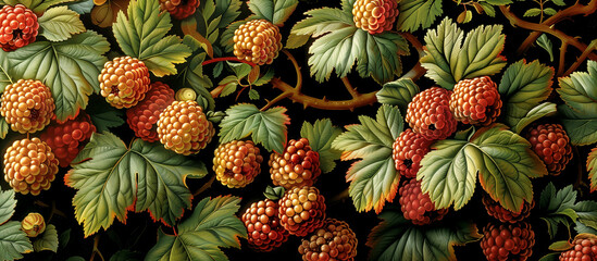 Fototapeta premium A painting of a bunch of raspberries with green leaves