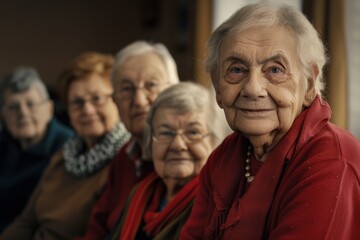 Portrait of an elderly woman with her family in the background.