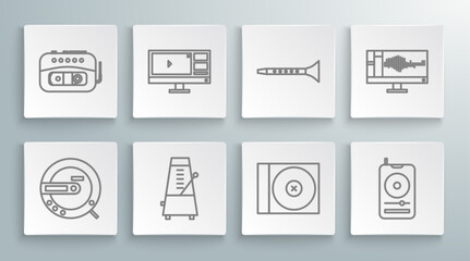 Set line Music CD player, Video recorder or editor software on monitor, Metronome with pendulum in motion, DVD disk, Clarinet, Sound audio and tape icon. Vector