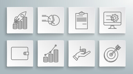Set line Wallet, Pie chart infographic, and coin, Money on hand, Target, Document, Computer monitor with and Rocket flying up coins growth icon. Vector