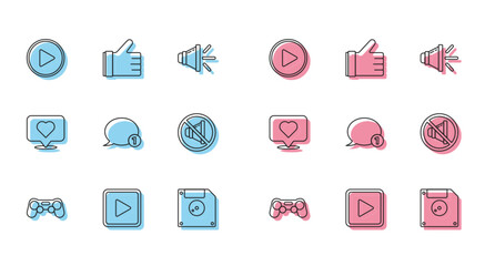 Set line Gamepad, Play in square, circle, Floppy disk for computer data storage, Speech bubble chat, Speaker mute, Like and heart and Hand like icon. Vector