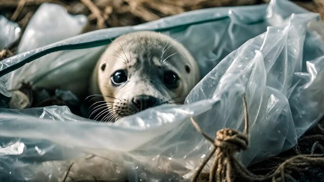 Seal pup trapped in plastic bag marine pollution